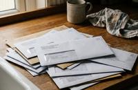 A stack of unopened bills and envelopes piled on a worn kitchen counter by a window, morning light