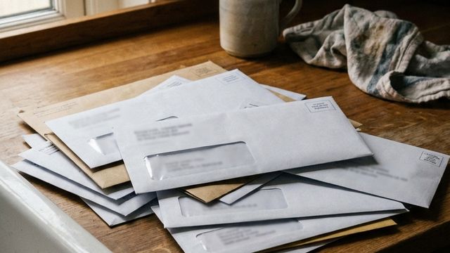 A stack of unopened bills and envelopes piled on a worn kitchen counter by a window, morning light