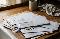 A stack of unopened bills and envelopes piled on a worn kitchen counter by a window, morning light