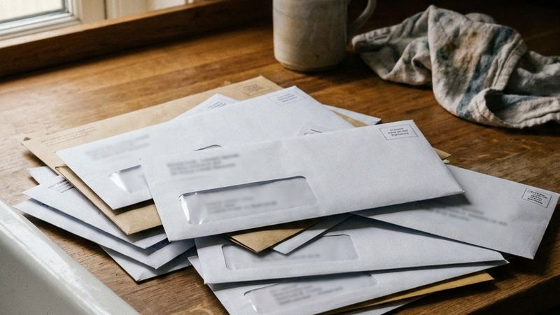 A stack of unopened bills and envelopes piled on a worn kitchen counter by a window, morning light