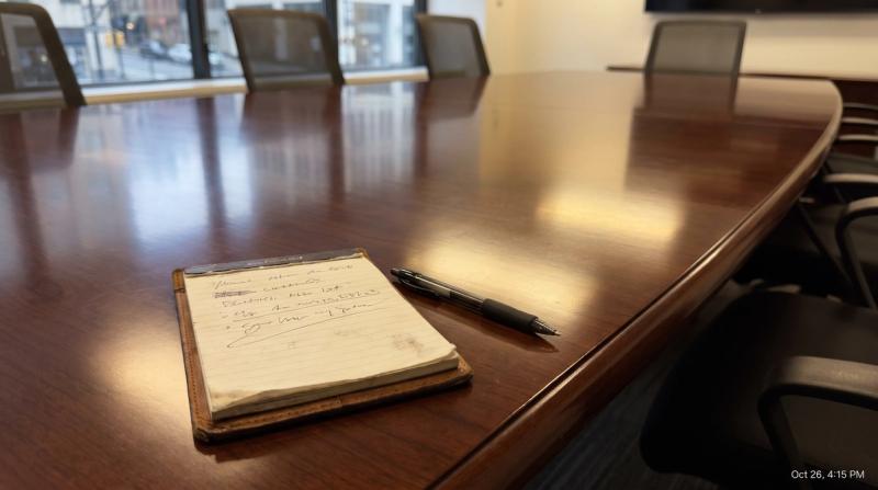 A notepad and pen on the corner of a large empty conference table