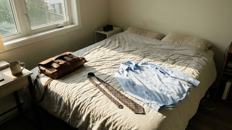 A young man's borrowed tie and dress shirt laid out on a bed in a small apartment