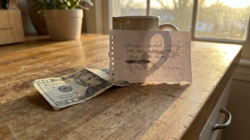 A folded twenty-dollar bill and a small handwritten note on a kitchen counter
