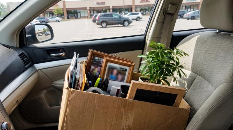 A cardboard box of desk belongings sitting on a car seat
