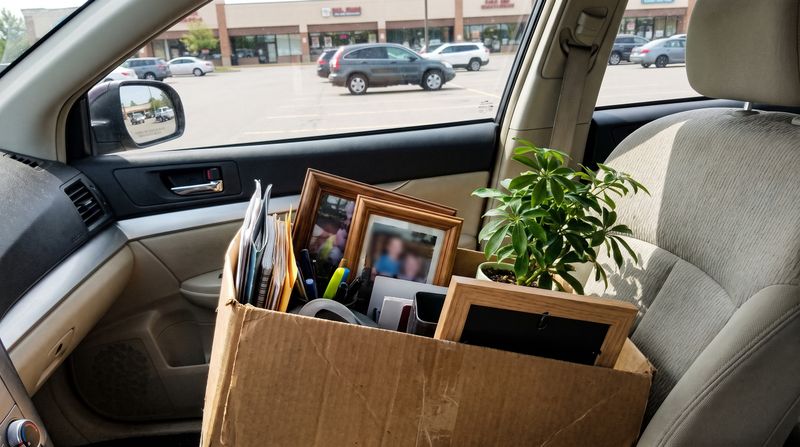 A cardboard box of desk belongings sitting on a car seat
