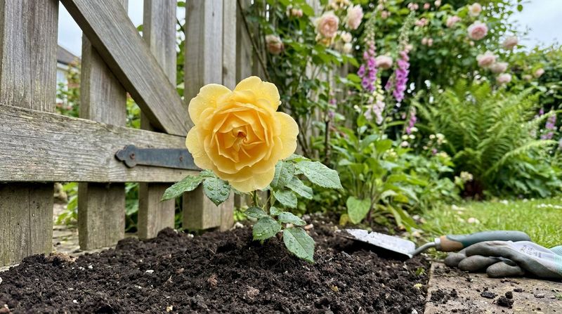 A young yellow rose freshly planted near a garden gate in a blooming cottage garden