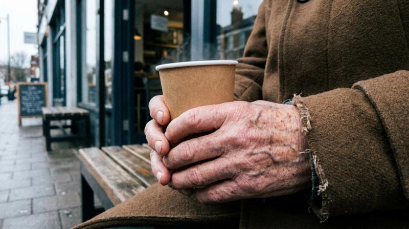 An elderly man's weathered hands wrapped around a paper coffee cup on a cold morning
