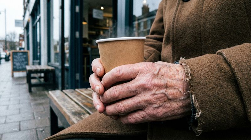 An elderly man's weathered hands wrapped around a paper coffee cup on a cold morning