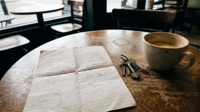 A handwritten letter on a café table beside a set of keys and a cup of coffee