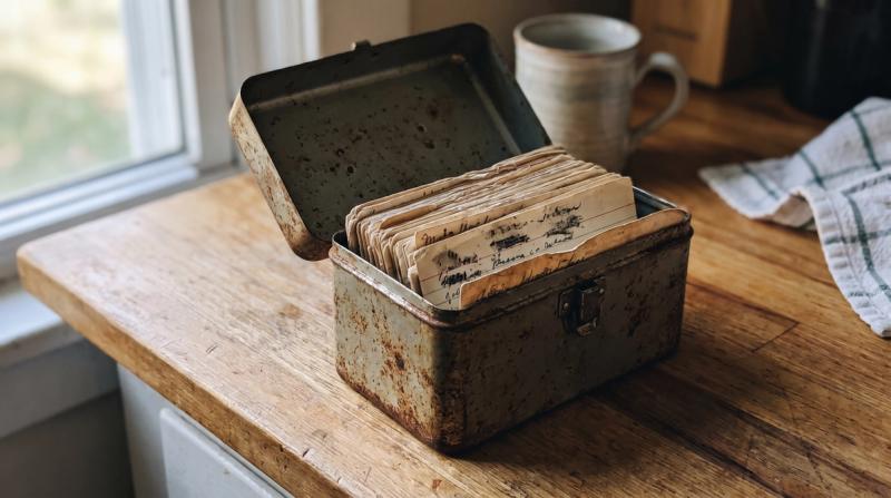 An old tin recipe box open on a counter, filled with worn handwritten cards