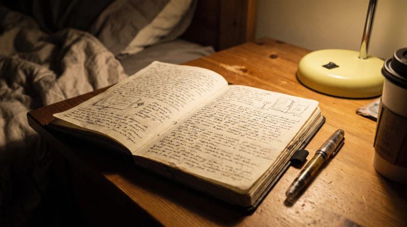 An old handwritten notebook resting open on a wooden desk