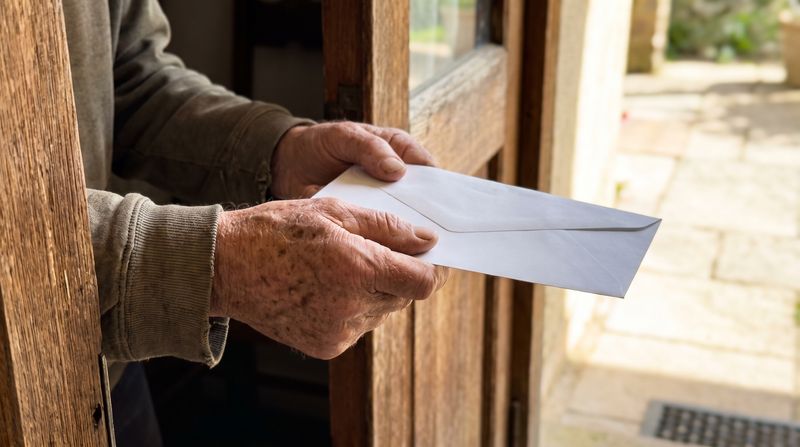 An older man's hands holding out a plain envelope in a doorway