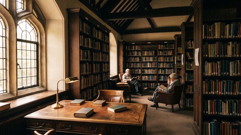 The quiet interior of a small old town library with wooden shelves and a reading desk
