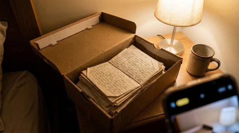 An old shoebox filled with folded handwritten letters and notes on a bedside table