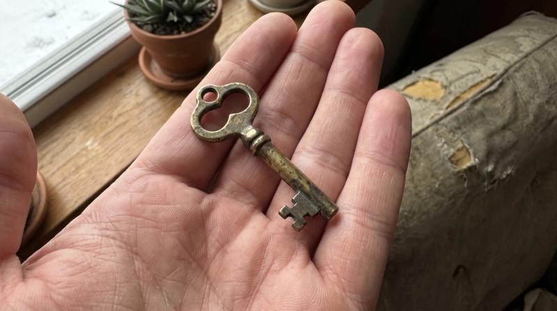 A small brass key resting in an open palm
