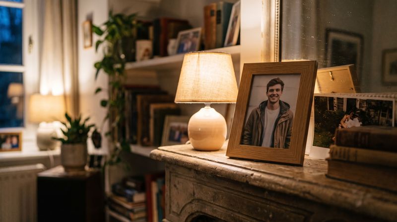 A framed photograph of a smiling young man on a mantel beside a small lamp in warm light