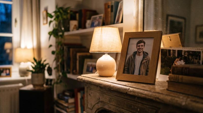 A framed photograph of a smiling young man on a mantel beside a small lamp in warm light