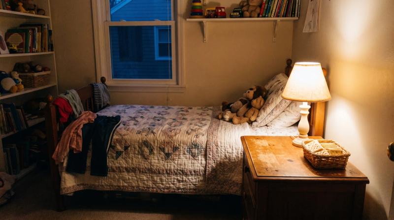 A child's bedroom with a soft yellow lamp glowing on a nightstand
