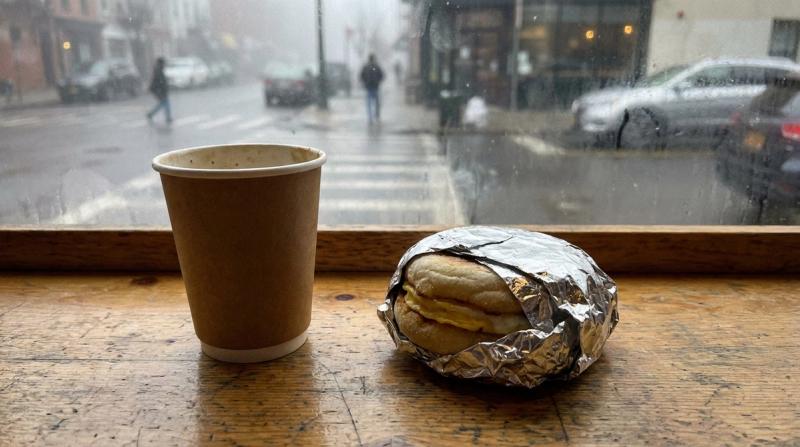 A paper coffee cup and a foil-wrapped breakfast sandwich on a café windowsill