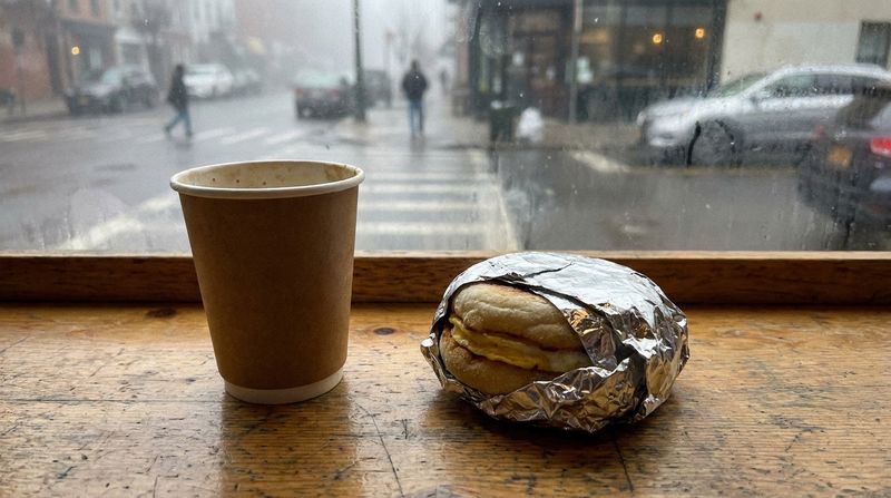 A paper coffee cup and a foil-wrapped breakfast sandwich on a café windowsill