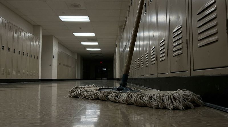 A wide dust mop leaning against lockers in a long empty school hallway