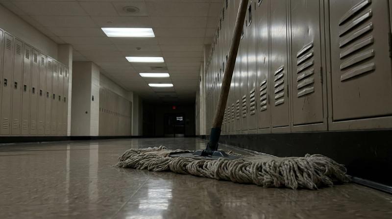 A wide dust mop leaning against lockers in a long empty school hallway