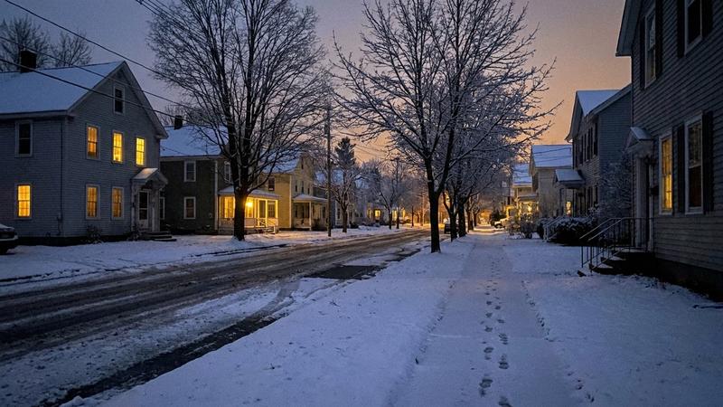 A snow-dusted small-town street at dusk with warm lights glowing in the windows of old wooden houses