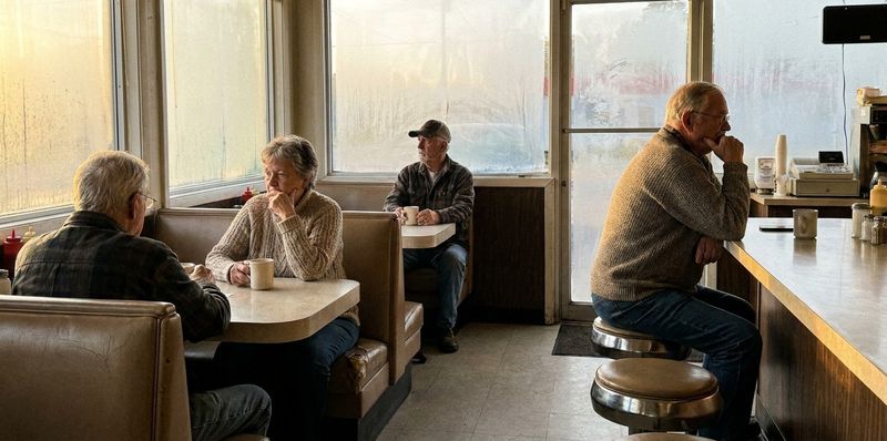 A few people sitting quietly with coffee in a small diner at dawn, soft light through the windows