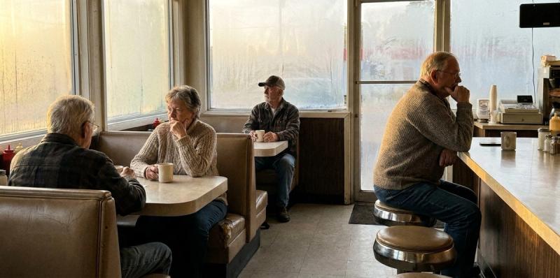 A few people sitting quietly with coffee in a small diner at dawn, soft light through the windows