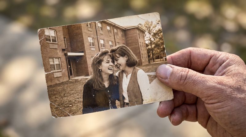 An old faded photograph of two young women laughing together outdoors