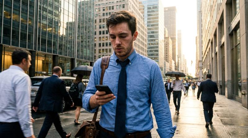 A young man in a shirt and tie walking down a city sidewalk in early morning light, tall buildings around him