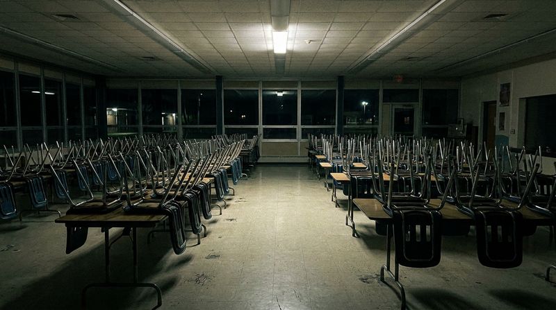 Chairs stacked upside down on tables in an empty school cafeteria at night