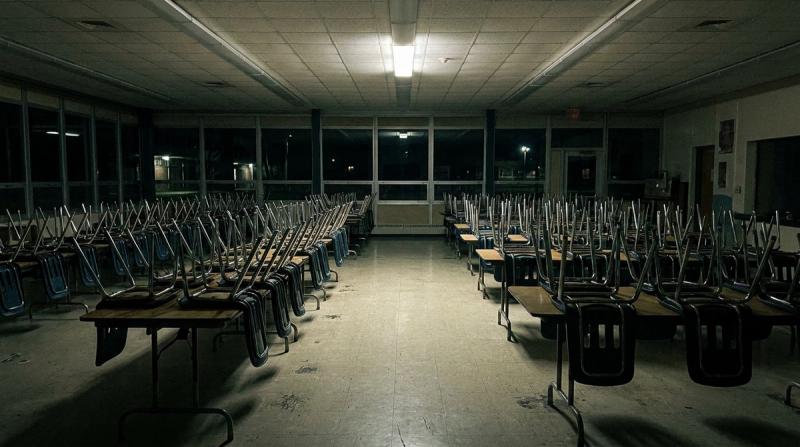 Chairs stacked upside down on tables in an empty school cafeteria at night
