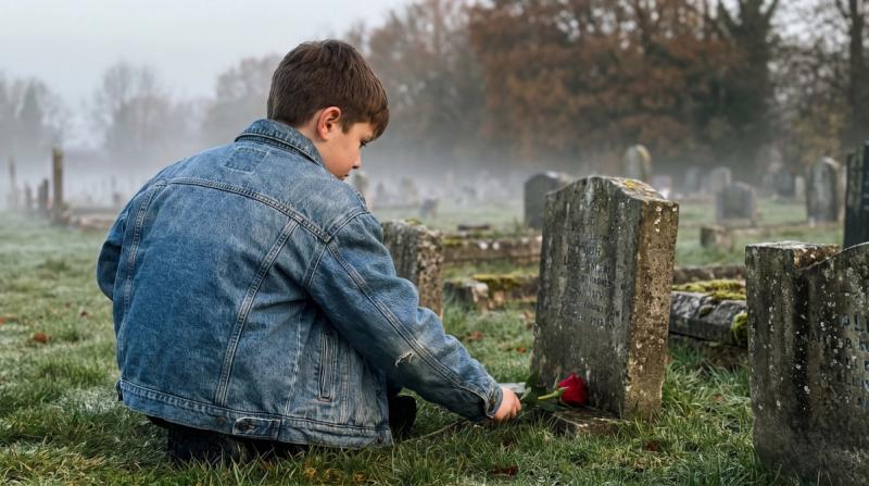 A young boy kneeling at a cemetery grave in the early morning light