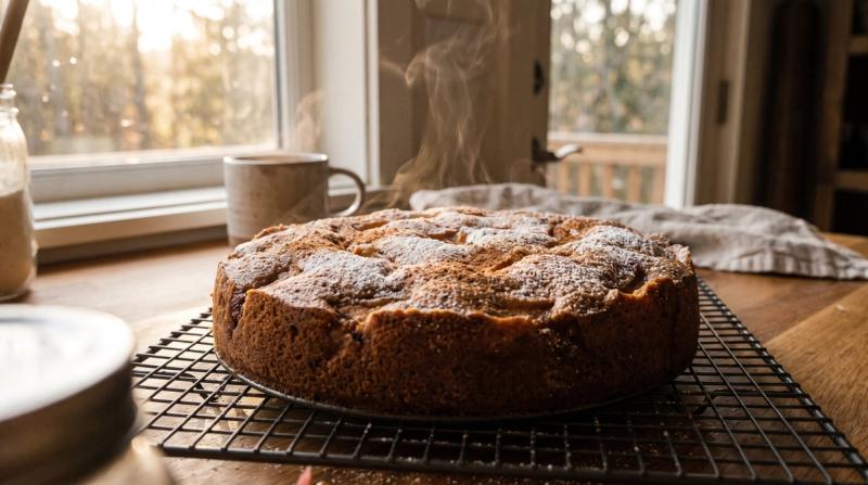 A spiced apple cake cooling on a wire rack in a warm kitchen, dusted with cinnamon, autumn light