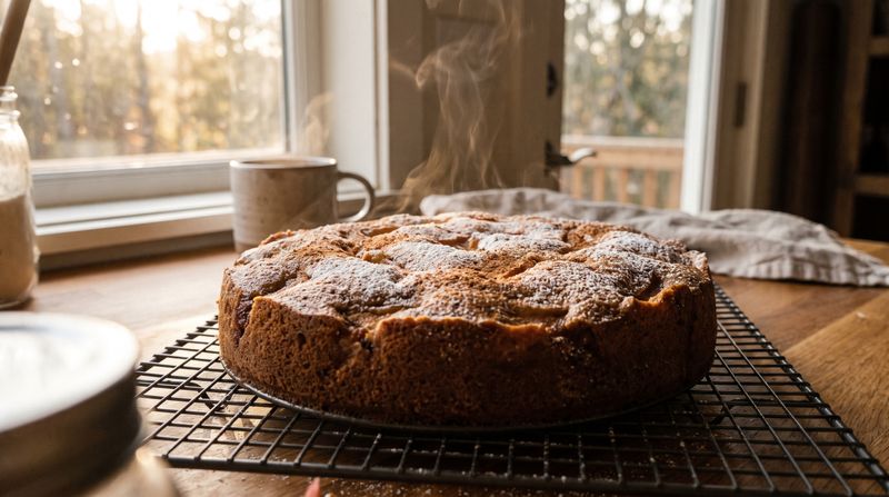 A spiced apple cake cooling on a wire rack in a warm kitchen, dusted with cinnamon, autumn light