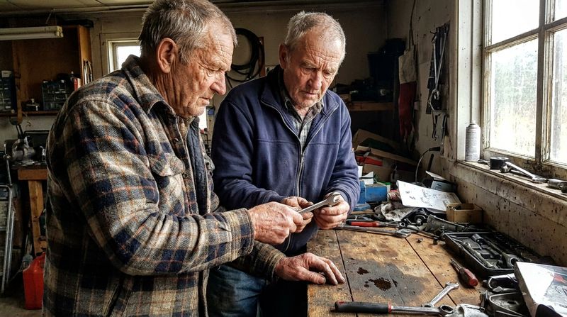 Two older men working side by side at a home garage workbench, one handing the other a tool