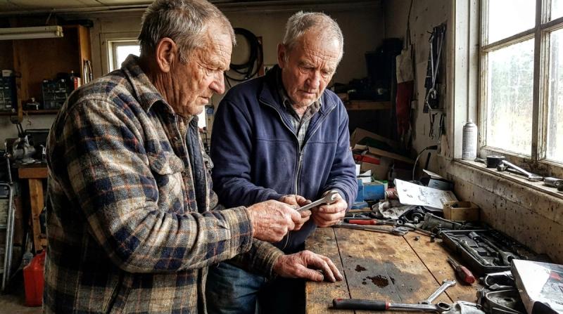 Two older men working side by side at a home garage workbench, one handing the other a tool