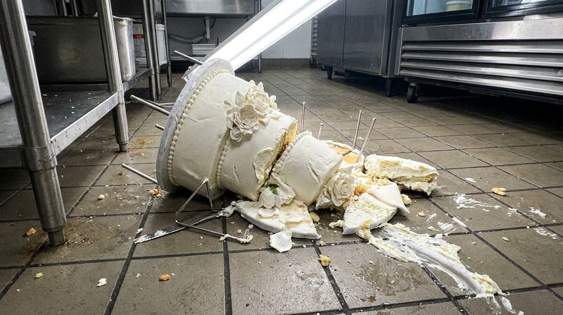 A toppled tiered wedding cake collapsed on a kitchen floor, broken tiers and smeared frosting
