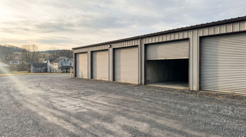 Rows of storage unit doors under early morning light