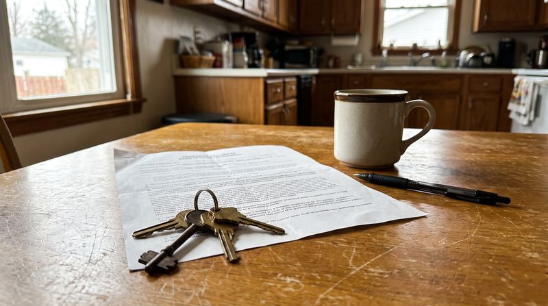 A property deed and a set of house keys resting on a wooden kitchen table