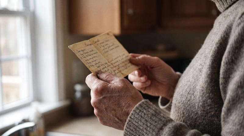 A woman's hands holding a worn, handwritten recipe card close to her chest