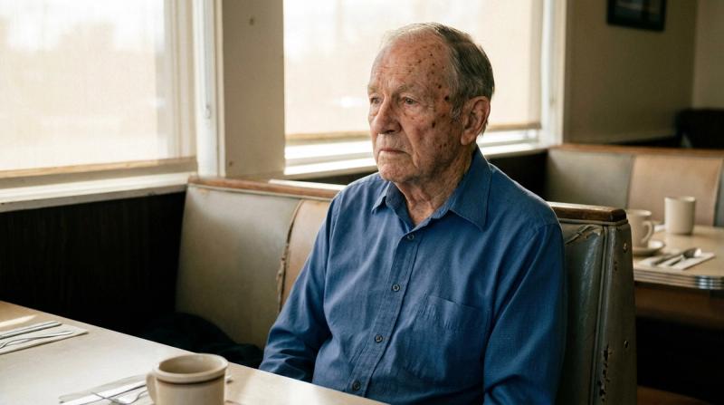 An elderly man in a pressed collared shirt sitting alone in a diner booth, facing the empty seat across from him, morning light