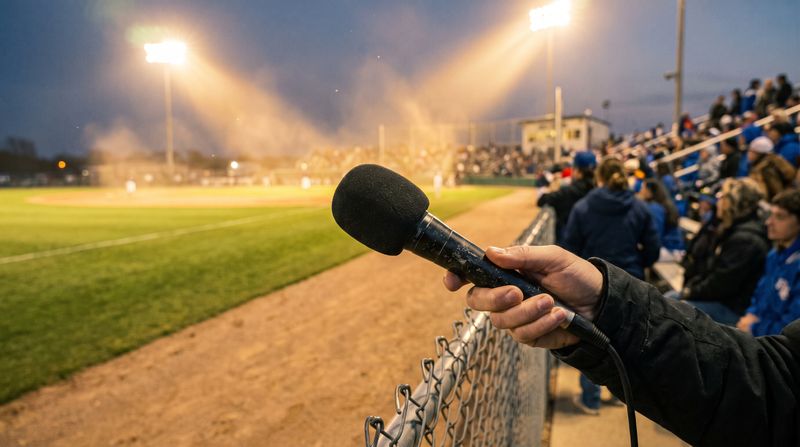 A handheld PA microphone held out on a baseball field at dusk with stadium lights behind