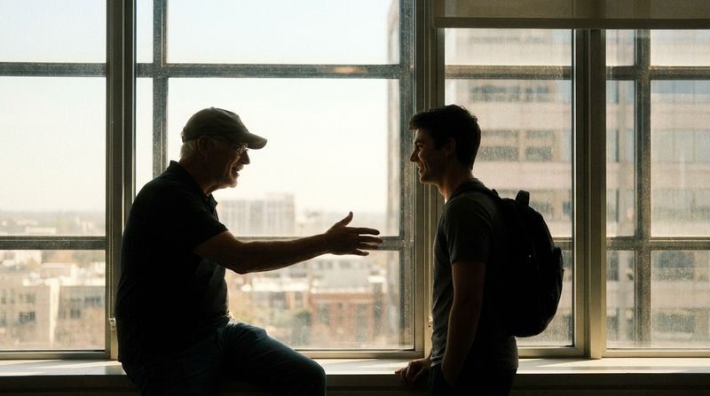 An older man and a younger man talking by a large office window in daylight
