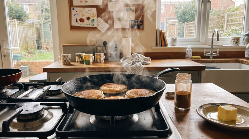 Pancakes cooking on a stovetop in a warm sunlit kitchen