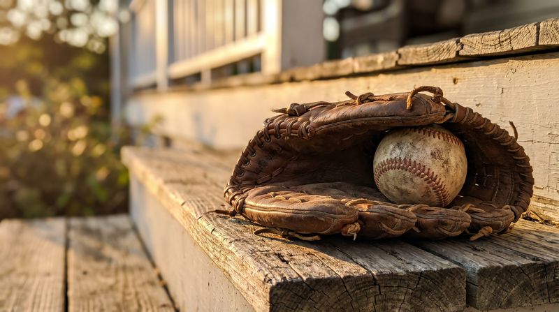 A worn baseball glove and a scuffed baseball resting on a wooden porch step