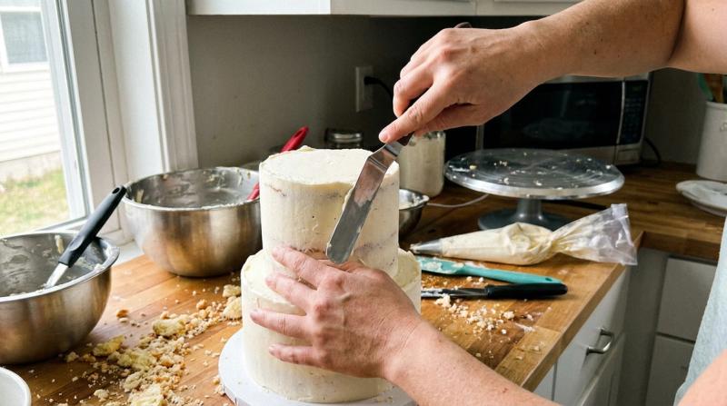 A partially rebuilt multi tier cake being smoothed with a palette knife, cake scraps scattered on the counter