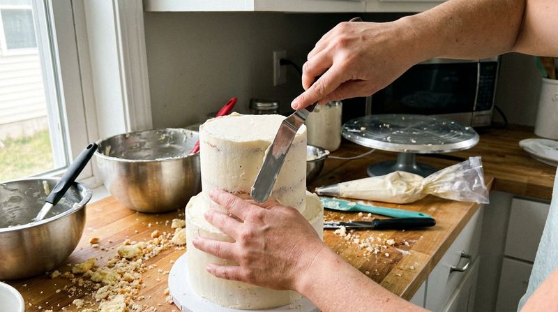 A partially rebuilt multi tier cake being smoothed with a palette knife, cake scraps scattered on the counter