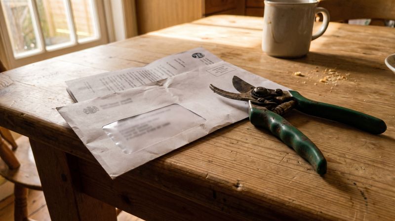 An official council letter lying on a kitchen table beside a pair of gardening secateurs